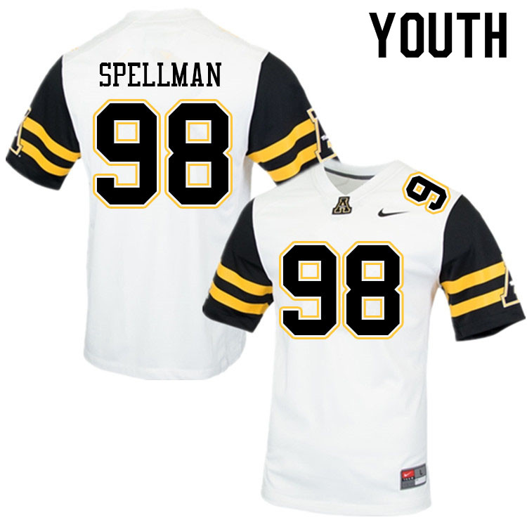Youth #98 Donovan Spellman Appalachian State Mountaineers College Football Jerseys Sale-White - Click Image to Close